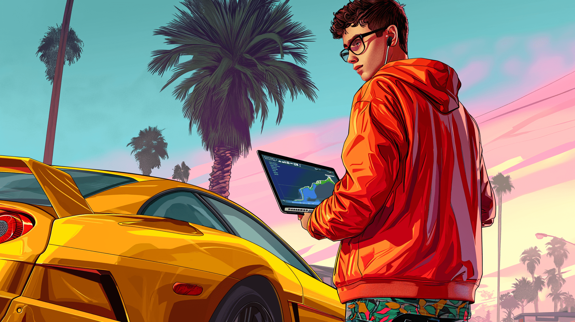 Personagem do jogo analisando tablet e preparando heist